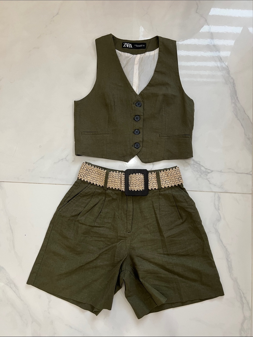 Zara Olive Green Linen Shorts with Woven Beige Belt and Matching Linen Vest